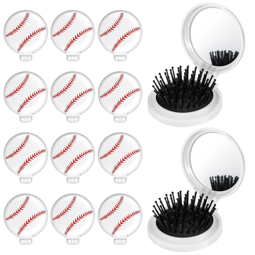 12 Pcs baseball Mini Detangler Brush, Folding Mirror Hair Brushes, Travel Hair Brush, No Tangle Soft Flexible Bristles for Straight, Curly, Thick Hair for baseball Team Gift Sport Party