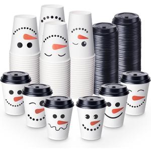 Sliner 120 Pcs Christmas Snowman Disposable Paper Coffee Tea Cups with Lids Winter Wonderland Xmas Cocoa Cups for Juice Hot Cold Beverage Drinks Seasonal Holiday Party Supplies(9 oz)
