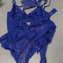 Lilosy Sexy Stocking Lace Mesh Bodysuit Top Underwire Garter Lingerie Set 3 Piece (Blue, L)