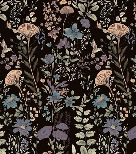 CiCiwind Black Floral Wallpaper Peel and Stick Dark Floral Wall Paper Vintage Removable Self Adhesive Contact Paper for Bedroom Bathroom Cabinets Decoration 78.7"×17.3" 2Pack