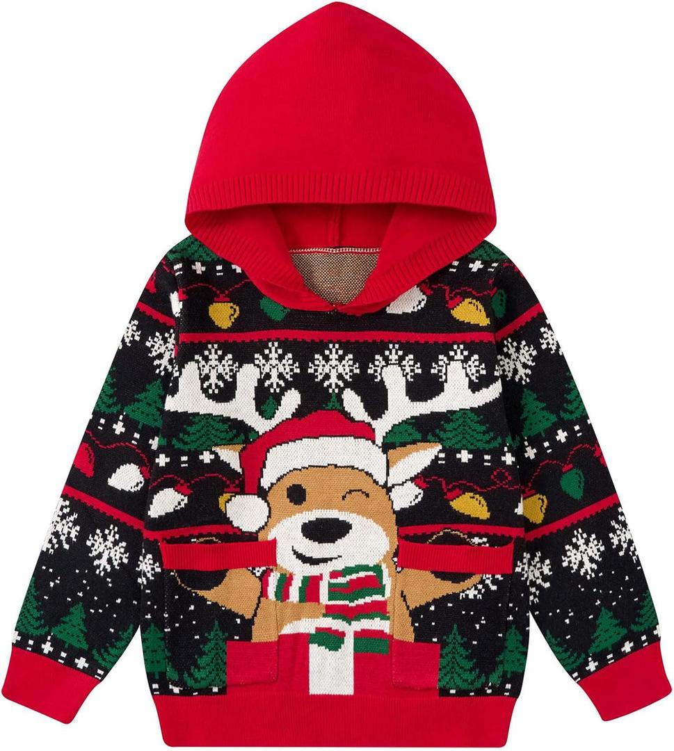 Vieille Toddler Girls Boys Ugly Christmas Sweater Kids Knit Xmas Hooded Pullover Sweater 2-7 Years (5-6 Years, Reindeer)