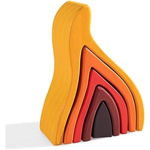 MERRYHEART Wooden Rainbow Stacking Toy, Fire Elements Wooden Stacker, Various Shapes Nesting Stacking Blocks, Waldorf & Montessori Open-Ended Education Toy for Kids/Toddlers