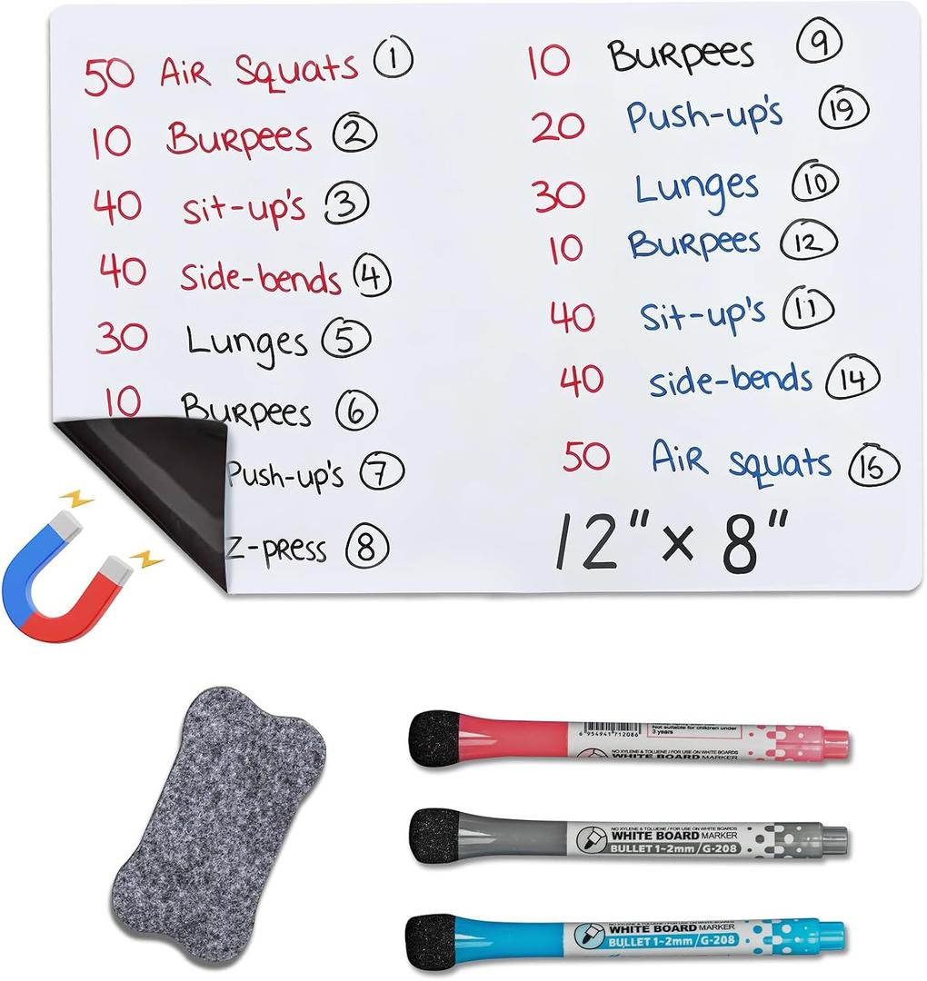 12x8 Inch Magnetic Whiteboard for Refrigerator with Black, Red and Blue Fine Tip Dry Erase Markers with Built in Dry Erasers for Grocery List/Weekly Menu/to Do & Family Notes Planner