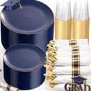 KIRE 350Pcs Blue and Gold Plates -Heavy Duty Navy Blue Dinnerware Set - 100 Plastic Plates 50 Pre Rolled Napkins with Gold Plastic Silverware 50 Cups for Birthday/Wedding/Party/Graduation/Memorial Day