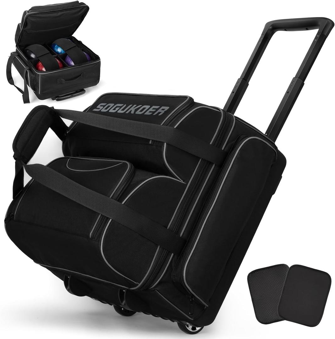 4 Ball Bowling Bag with Wheels, Integrated Main Compartment,900D Heavy Duty Bowling Roller Bag with Shoe Compartment, Telescoping Handle, Multiple Accessory Pockets for League Tournament Travel