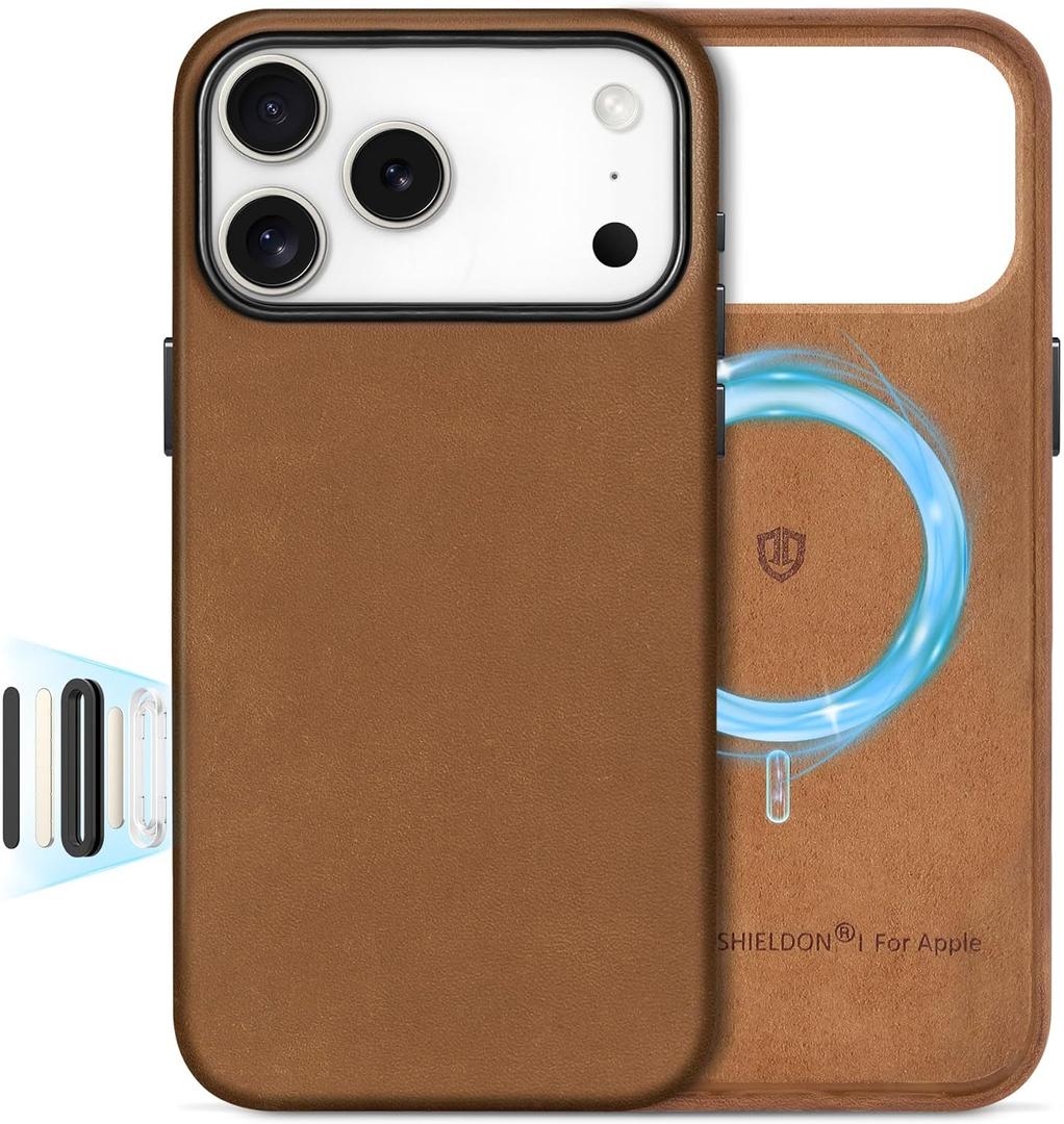 SHIELDON Case for iPhone 17 Pro Max 6.9" 2025 | Top Grain Crazy Horse Leather, Compatible with Magsafe, [Camera Button Updated], Magnetic Wireless Charging Non-Slip Comfort Grip, Metal Buttons - Brown