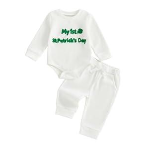 Douhoow Baby Boy St Patricks Day Outfit Infant Boy Girl My 1st St Patricks Embroidered Baby Sweatshirt Romper Pants Set (White, 0-3 Months)