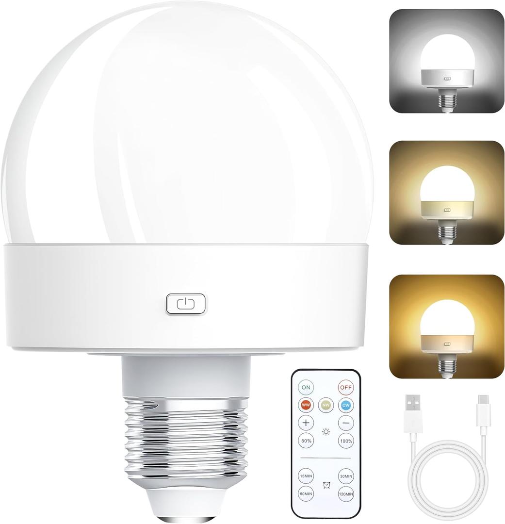 Rechargeable Battery Operated Light Bulbs, E26 Screw in (Magnetic Detachable) Light Bulb for Lamps with Remote Control DimmableTimer, Wireless Puck Emergency Lamp for Non-Hardwired Wall Sconce (1 Pack)