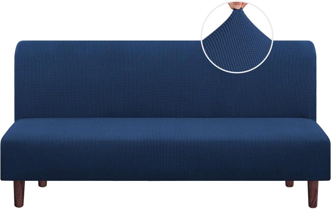 PrinceDeco Stretch Armless Futon Cover Futon Slipcover Full Queen Size Futon Couch Cover Futon Sofa Cover Futon Bed Cover Furniture Protector with Elastic Bottom, Checked Pattern Jacquard, Navy