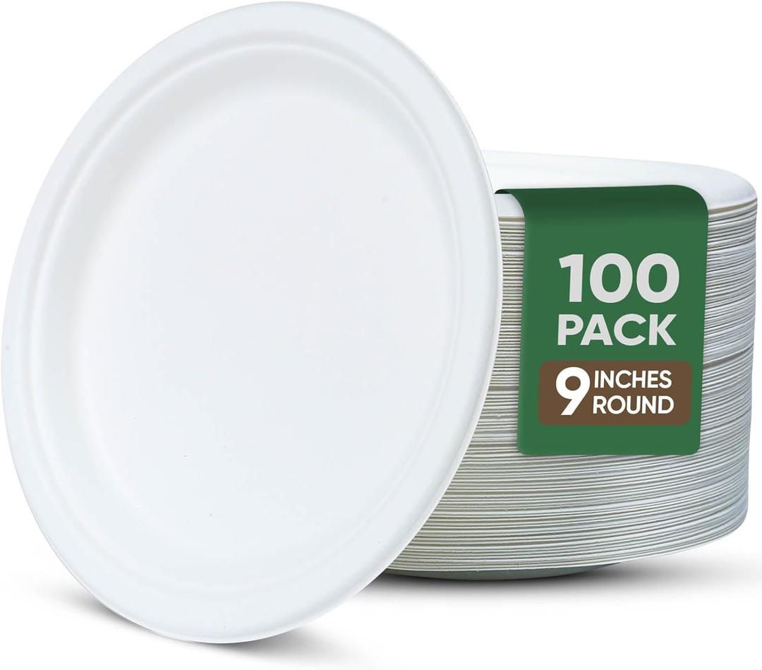TaidMiao 9 Inch Paper Plates 100 Pack - 100% Compostable Dinnerware | Leak & Grease Resistant Disposable Plates for Parties, Microwavable, Bulk Eco-Friendly - White