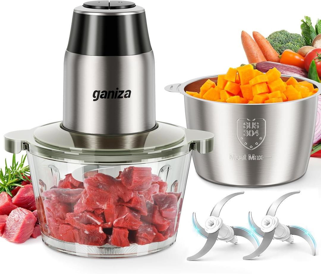 GANIZA Food Processors, Electric Chopper with Meat Grinder & Veggie Chopper - 2 Bowls (8 Cup+8 Cup) with Powerful 450W Copper Motor - Includes 2 Sets of Bi-Level Blades for Baby Food/Meat/Vegetables