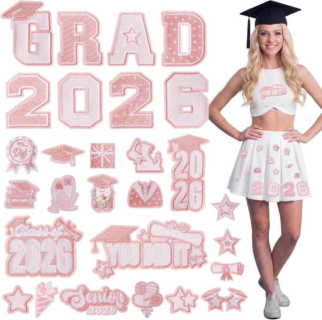 Tigeen 64 Pcs Graduation Iron on Patches Class of 2026 Embroidered Patches Grad Senior Letter Heat Transfer Sew on Applique Decals for Lei, Stole, Caps, Clothes, Jacket, Jeans(Pink and White)