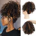 Curly Drawstring Ponytail Extension for Black Women Ponytail Extension Drawstring Ponytail Curly Hair Extensions for Women Short Ponytail for Black Women(Black with Caramel Brown) (2H30)