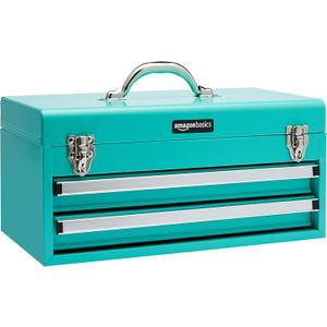 Amazon Basics Metal Tool Box with Drawers, Storage and Organization Tool Chest, Powder Coat Finish, 18.1 x 8.7 x 9.5 in, Turquoise
