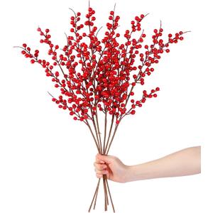 Sggvecsy 6 Pack Artificial Red Berry Stems Christmas Red Berries Holly Berry Branches 25.2 Inches Fake Burgundy Berry Picks for Floral Arrangements Christmas Tree Holiday Home DIY Crafts Decor