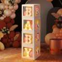 Baby Balloon Boxes with B, A, B, Y Light up Letters 4 White Transparent Square Boxes and Letters for Baby Shower Gender Reveal Birthday Party Decorations Backdrop Photo Shoot Prop