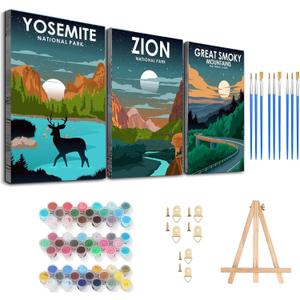 Baipisan 3 Pack Paint by Number for Adults Framed Canvas, National Park DIY Arts and Crafts for Adults Beginner with Wooden Easel, Paint Brushes, Acrylic Paint Set for Home Wall Decor, 9 * 12 Inch (DLY007)