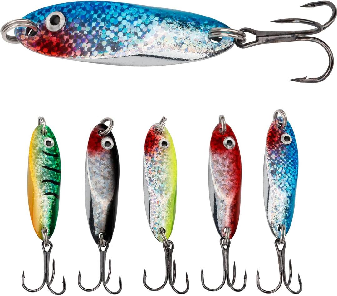 THKFISH 5pcs Saltwater Fishing Lures with Ultra-Sharp Hooks, Fishing Spoons Jigging Lure for Trout, Bass, Crappie, Pike, Walleye with Tackle Box (3/8oz(10g)* 5pcs, Color 1#)