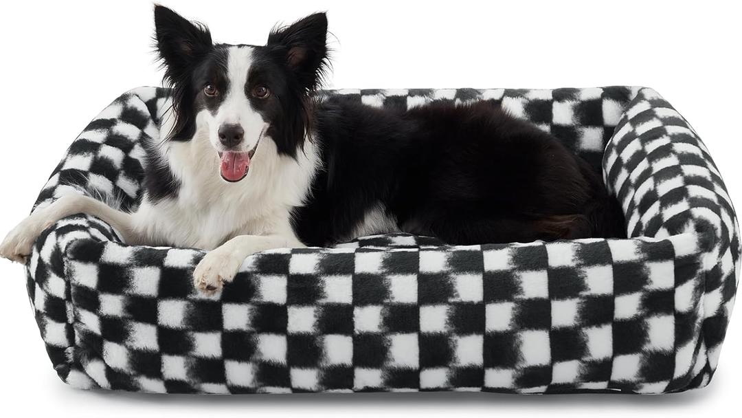 JOEJOY Dog Bed Medium Size Dog, Rectangle Washable Orthopedic Corduroy Fleece Pet Bed with Removable Zipper Cover, Cute Soft Calming Puppy Bed with Non Skid Bottom (M (30"x24"x8"), Black)