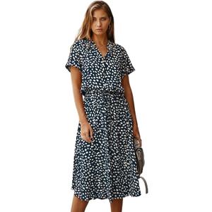 Milumia Womens Polka Dots Button Front Midi Dress Drawstring High Waist Short Sleeve A Line Long Dress Navy Blue Small