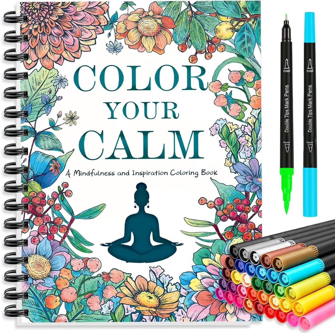 Adult Coloring Book for Women with 36 Dual-Tip Markers, 30 Patterns Spiral Bound Coloring Books for Adults Relaxation, Anxiety Relief Mindfulness Relaxation Gifts for Women