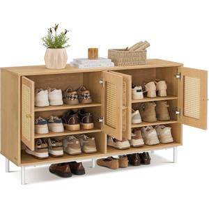 VASAGLE Natural Rattan 3-Tier Shoe Cabinet, 24 Pair Shoe Storage Cabinet, Boho Style Shoe Organizer with Height-Adjustable Shelves and Steel Legs, for Entryway, Closet, Hallway, Oak Beige ULBC050N01
