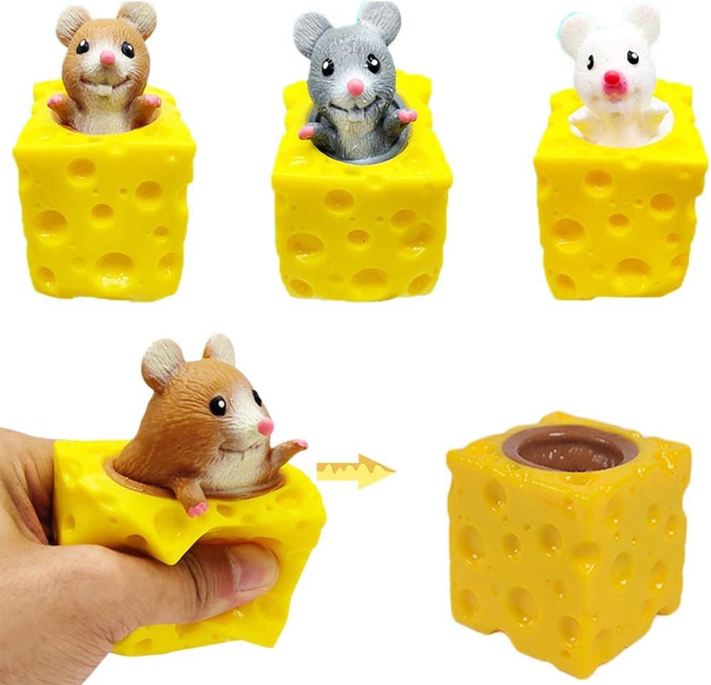 3PCS Animal Squishes Toys with Cheese Cup Squishies Cute Mice Squeeze Toys for Kids Cheese Squirrel Cup Fidget Toys for Adults Anxiety ADHD Stress Relief Toy Birthday Party Favors