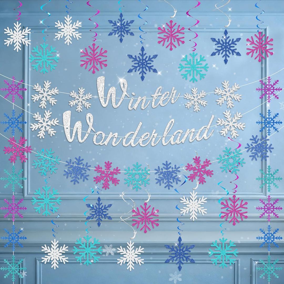 78pcs Winter Wonderland Decorations Kit, Glittery Snowflake Hanging Swirls Garland, Banner & Flag for WinterTheme Christmas Party, Birthday, Baby Shower, Wedding, New Year Home Holiday Decor