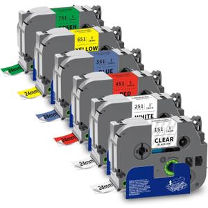 Labelwell 6-Pack TZe 24mm 0.94" Laminated Compatible for P Touch 1 Inch TZ Label Tape TZe-151 251 451 551 651 751 for Ptouch PT-D600 P700D 410 D610BT P710BT, Clear/White/Red/Blue/Yellow/Green