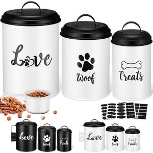 Dog Food Containers Set of 3 with Lids and Spoon Airtight Metal Dog Treat Snack Jars with DIY Labels Big Pet Cookie Storage Jar for Farmhouse Kitchen Counter(White)