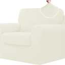 CHUN YI 3 Piece Armchair Cover, Stretch 1 Seater Couch Cover with 1 Separate Backrest and Cushion with Elastic Band, Sofa Slipcover Spandex Jacquard Fabric (Small, Ivory White)
