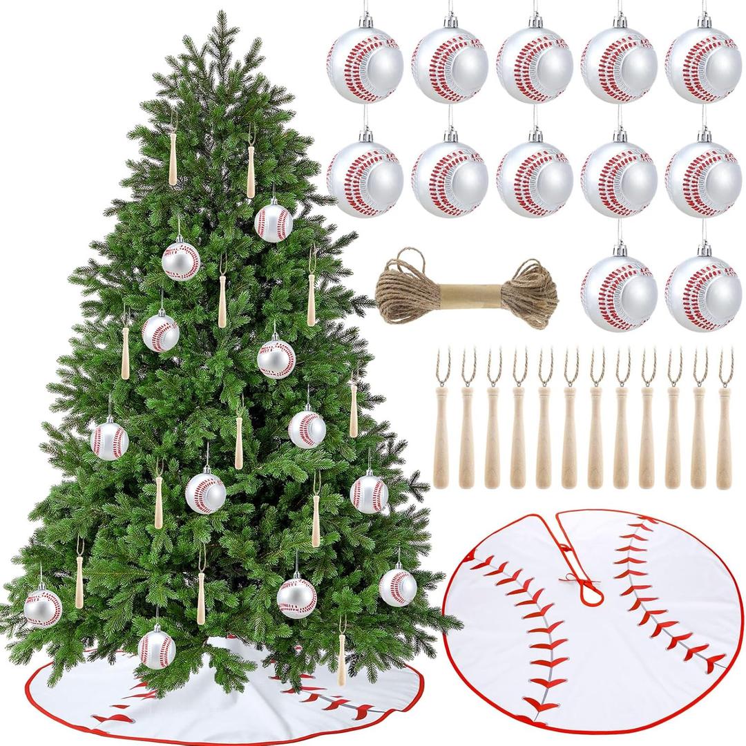 Syhood 26 Pcs Baseball Christmas Decor Set Include 12 Sports Ball Ornaments 36'' Print Christmas Tree Skirt 12 Wooden Sports Bat Ornaments and Rope for Home Xmas Holiday Party