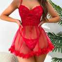 Sexy Ruffle Floral Skirt Underwire Mesh Sheer Lace Babydoll Lingerie Dress with Thong 2 Piece (Red, XXL)