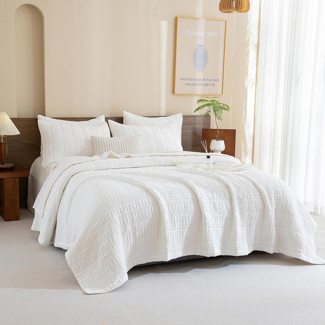 Sanracie Cotton Oversized King Bedspread(128"x120"),White Waffle Quilt Set 3Pcs Soft Lightweight Extra Large King Quilt Bedding Set,Farmhouse Coverlet Quilt Set Shabby Vintage Chic Bedding Set, Oversized King Plus