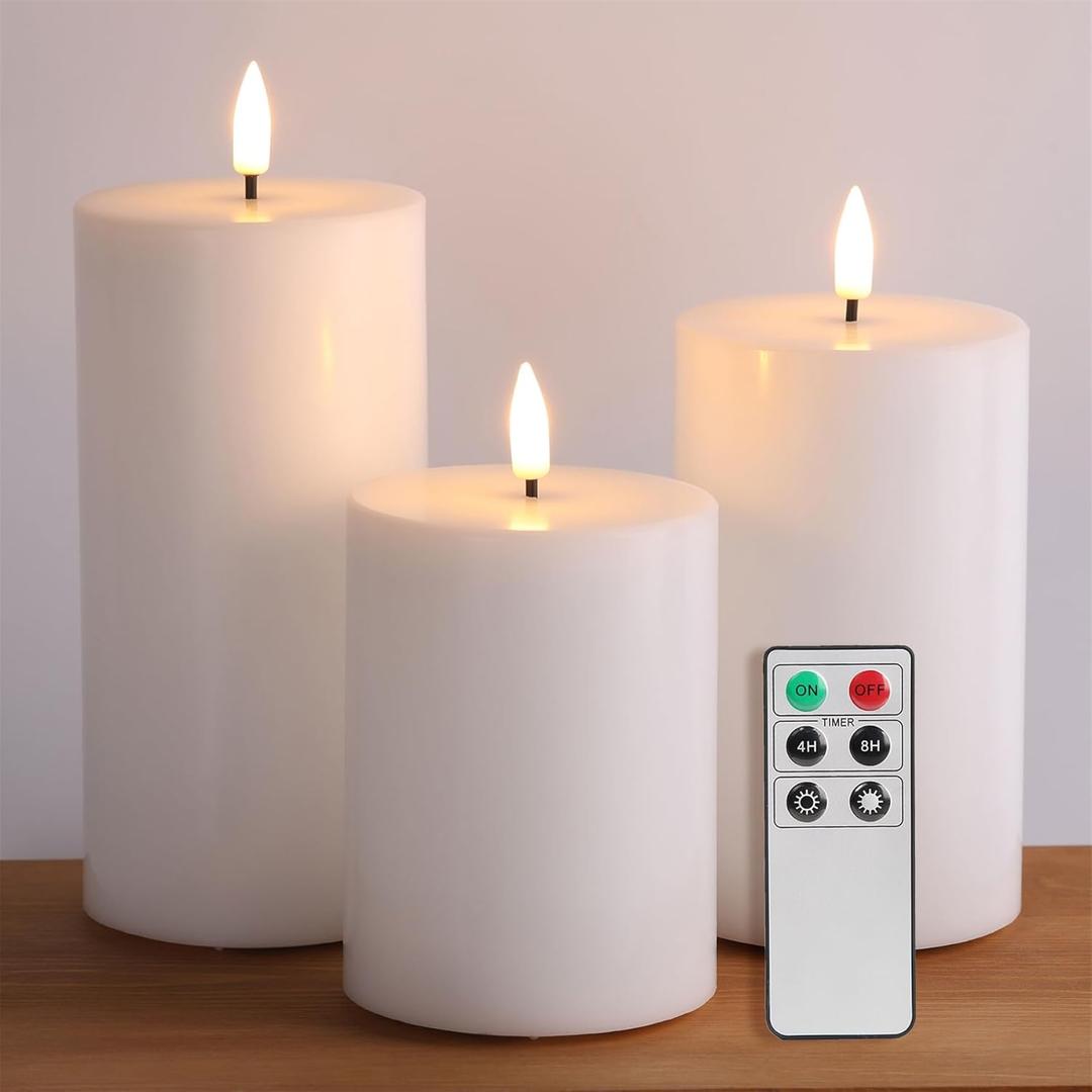 White Flameless Pillar Candles with Remote, Halloween LED Candles Battery Operated, Real Wax Flickering Electric Candles Set of 3