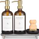 [Luxury] Kitchen Soap Dispenser Set - 16OZ Amber Glass Bottle, Stainless Steel Pump, Instant Dry Tray, Waterproof Labels, Non-Slip Silicone Pad, and Dish Brush | Upgrade for Your Kitchen and Bathroom