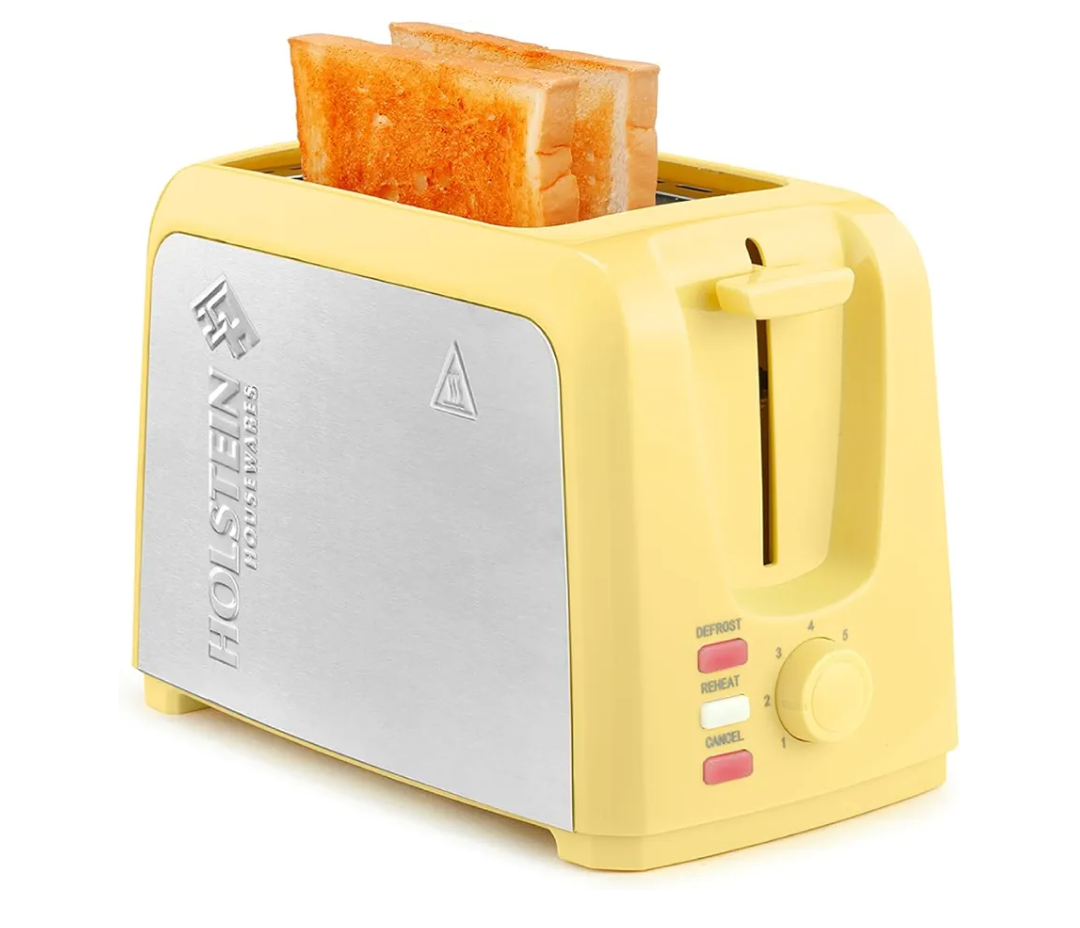 Holstein Housewares 2-Slice Toaster with 7 Browning Settings, Extra-Wide Slots, Reheat, Defrost, Cancel, High-Lift Release, Removable Crumb Tray – Compact Stainless Steel, Yellow
