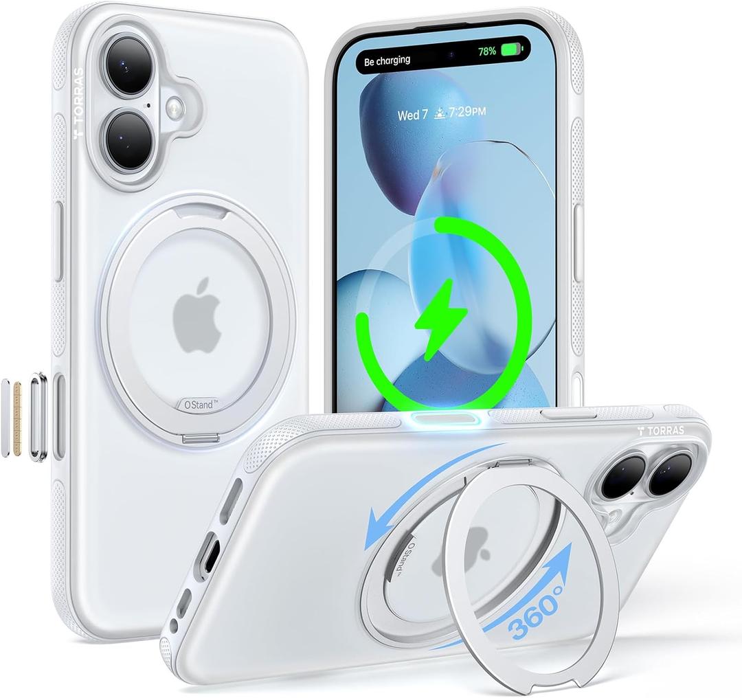 TORRAS O3 Fitness for iPhone 16 Case Magnetic Stand, Fit for MagSafe, 360 Rotatable Stable Stand, Camera Control Button, Military-Grade Shockproof, Slim & Sleek, Glacier White Translucent, Ostand