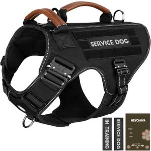 Service Dog Vest - HEYCAHVA Tactical Dog Harness Full Metal Buckles for Large Medium Dog Reflective No Pull Dogs Harnesses Vest with Leather Handle, Hook & Loop for Hiking Training (Black, L)