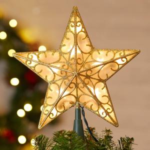 Christmas Star Tree Topper, 9.5 in Plug in Golden Glittered 3D Star Tree Topper, Metal Hollow Designed Built-in 10 Bulbs String Lights for Indoor Office Christmas New Year Holiday Tree Decoration Christmas Star Tree Topper, 9.5 in Plug in Golden Glittered 3D Star Tree Topper, Metal Hollow Designed Built-in 10 Bulbs String Lights for Indoor Office Christmas New Year Holiday Tree Decoration
