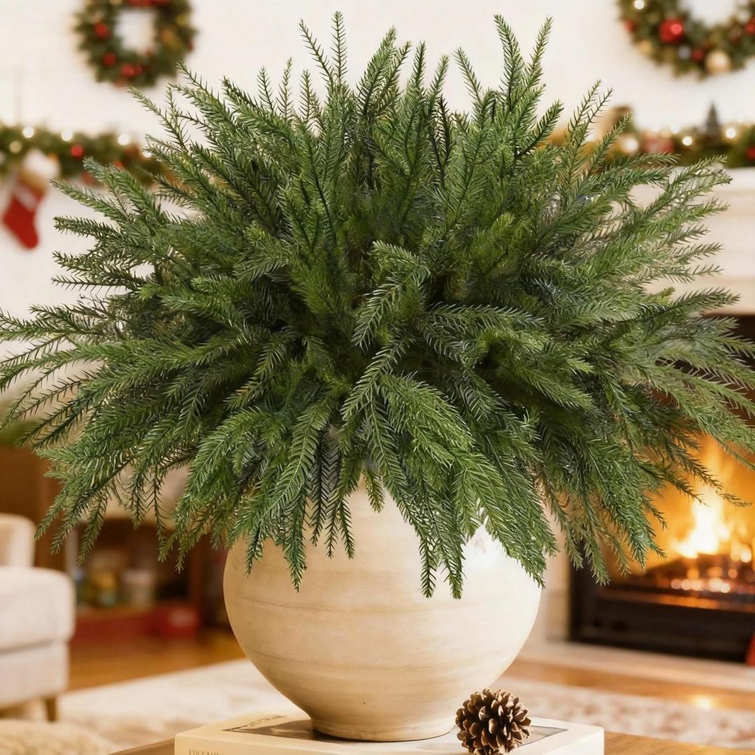 16 Pcs Real Touch Christmas Norfolk Pine Stems, 18" Artificial Norfolk Pine Branches Picks Faux Christmas Greenery Tree Filler Branches for Vases Xmas DlY Crafts Garland Holiday Home Decor