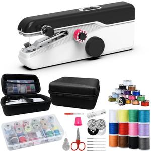 Handheld Sewing Machine for Beginners & Quick Fixes, 2-Speed Mini Sewing Machine | Dual Power (Battery/USB-C)/26-Color Thread Kit & Storage Box, Whiteblack