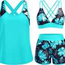 Daci Women 3 Piece Tankini Swimsuits - Tummy Control Tank Top with Bra Modest Bathing Suit with Pockets Boyshorts Bottom 2026, Small