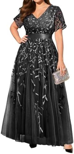 Pinup Fashion Plus Size Formal Dresses - Evening Gowns Wedding Sequin Embroidery V-Neck Prom Long Dress.16