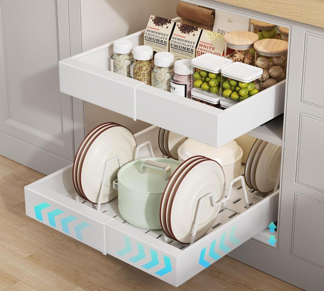2 Pack Pull out Cabinet Organizer 21" Deep With Raising Pad for Framed Cabinets, Expandable Slide out Drawers for Kitchen Cabinets with 4pcs Divider Racks, Roll out Shelves 9"-14" W White