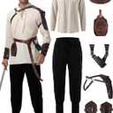 Renaissance Medieval Costume for Men - 8 Pcs Pirate Outfit Set, Halloween Costume with Viking Belt (Small, White-Black)