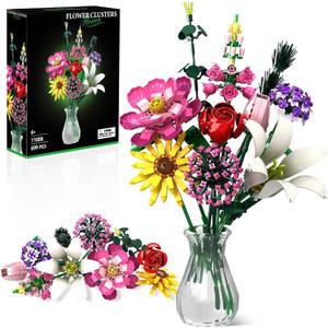 Flower Building Kit, 699 PCS Eternal Flower Bouquet with Peony, Rose, Sunflower, Lily & More, DIY Floral Arrangement Set for Home Decor, Gift for Christmas Day, Building Blocks for Adults & Kids