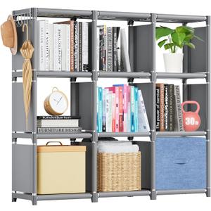 Mavivegue Book Shelf, 9 Cube Storage Organizer, DIY Bookcase, Metal Cube Bookshelf, Tall Book case for Bedroom, Living Room, Office, Grey