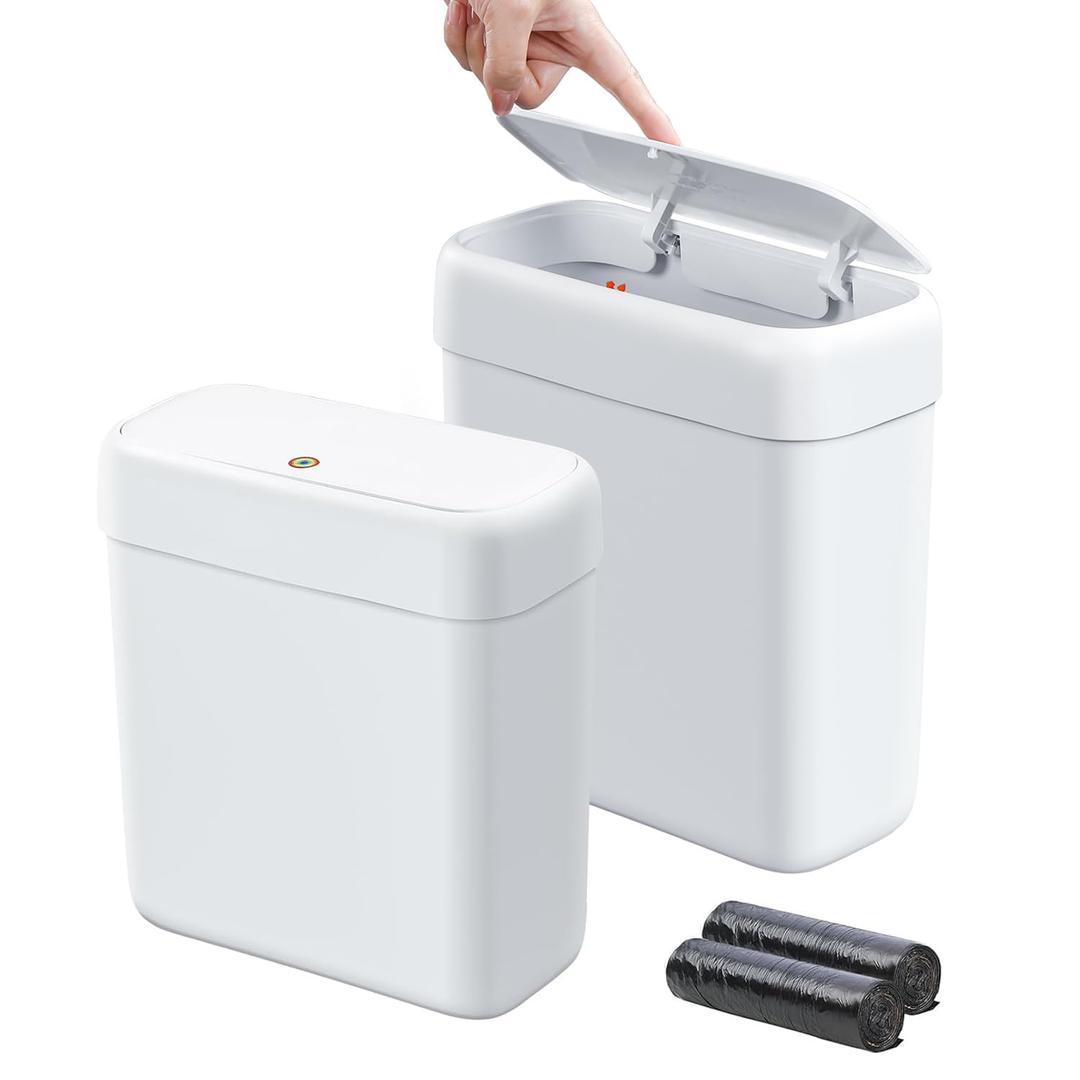 funest 2 Pack Bathroom Trash Can with Lid, 3 Gal/12 L & 2.7 Gal/10L Garbage Can with Pop-Up Lid, Small Spaces Plastic Trash Can, Slim Trash Bin Waste Basket for Bathroom ,Rv, Office, White