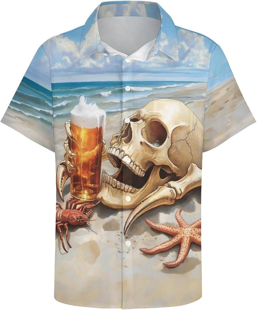 Mens Beer Skull Print Button Down Shirt Fun Hawaiian Shirts Casual Beach Shirt Short Sleeve (XXXL)